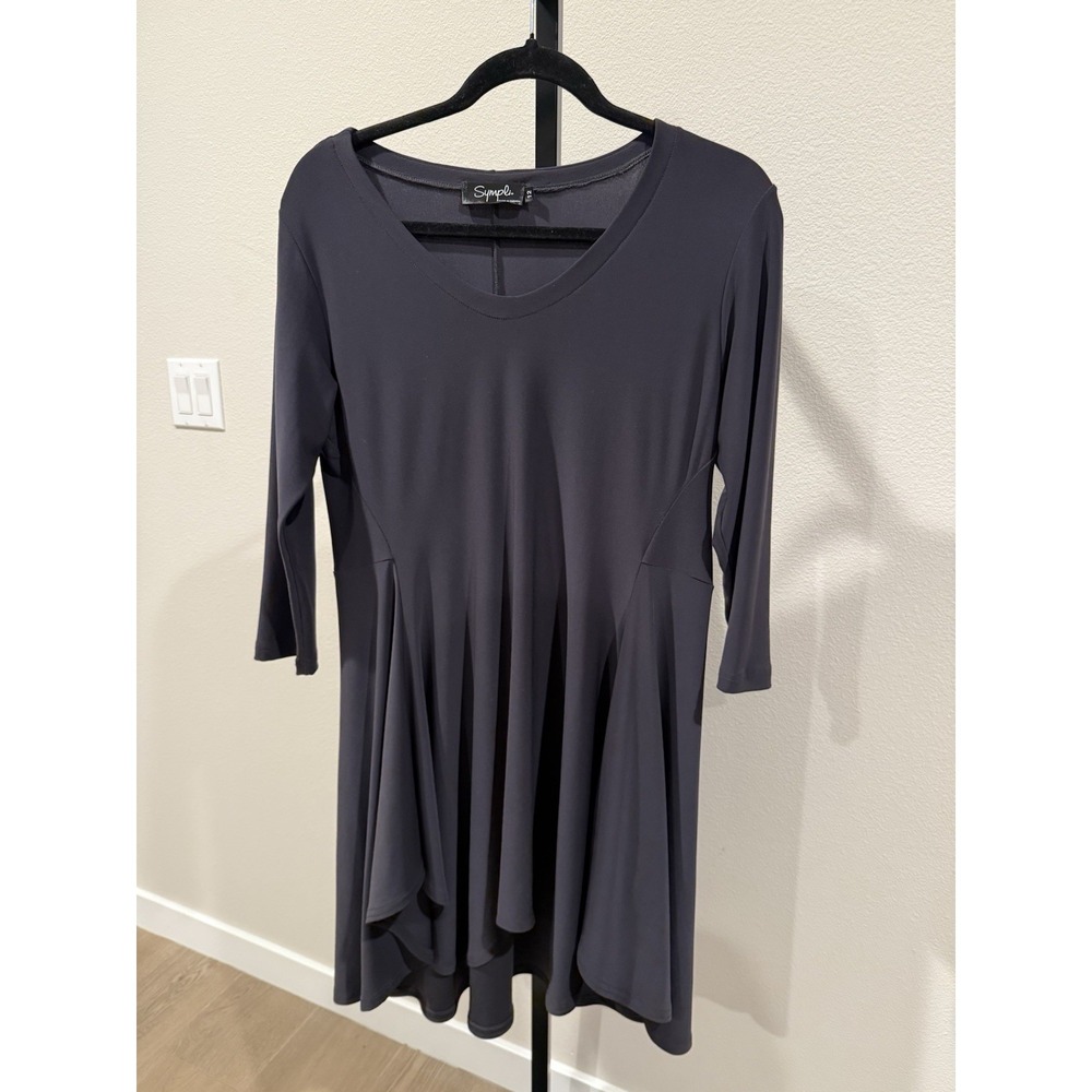Sympli Womens Grey 3/4 Sleeve Flared Asymmetrical Tunic Dress 12 Basic